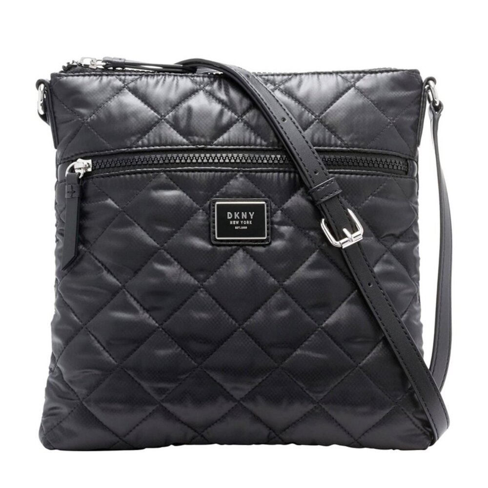 DKNY Maya Zip Front Nylon Crossbody Silver Tone Ziooer Closure Black